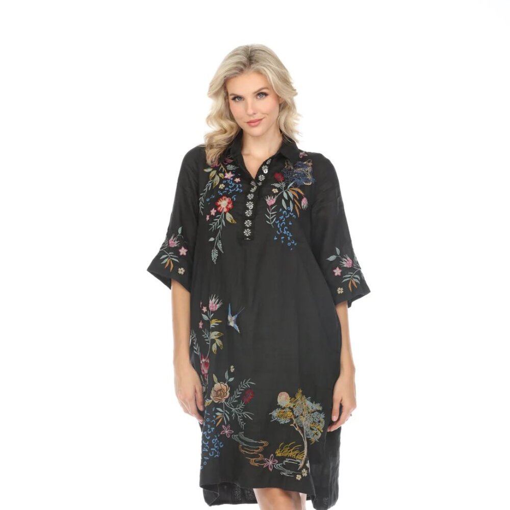 NWT Johnny Was Black Floral Embroidered Midi Dress